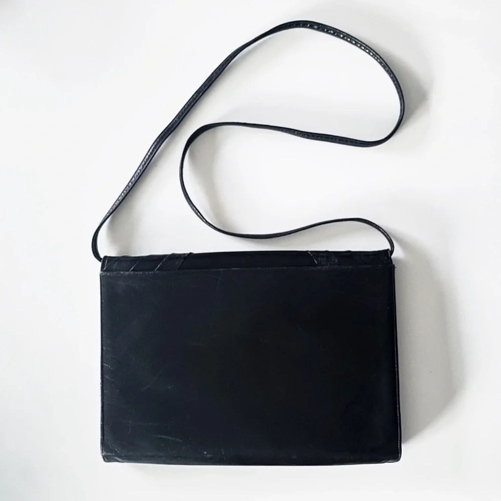 70s vtg black leather snakeskin envelope clutch - crossbody strap - Picture 2 of 11